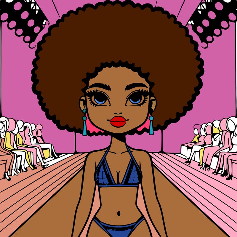 swimsuit model with afro on a runway