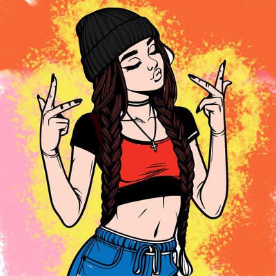 realistic teenage girl with braids and a beanie and crop top doing 🫶🏼