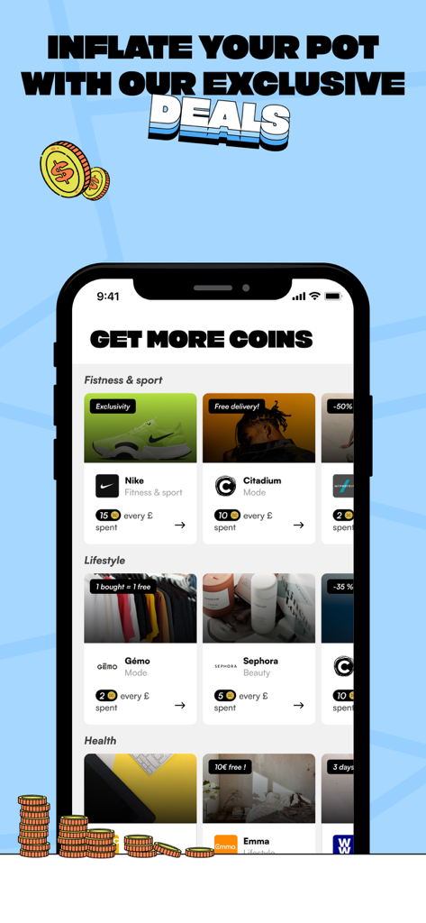 Macadam, The Step Counter. - Macadamアプリのインターフェース。コインを獲得するための限定ショッピングディールとパートナー割引を表示。
