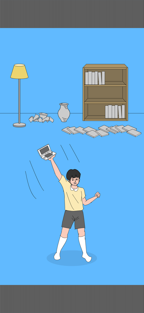 Boy holding a handheld game console in a minimalist room