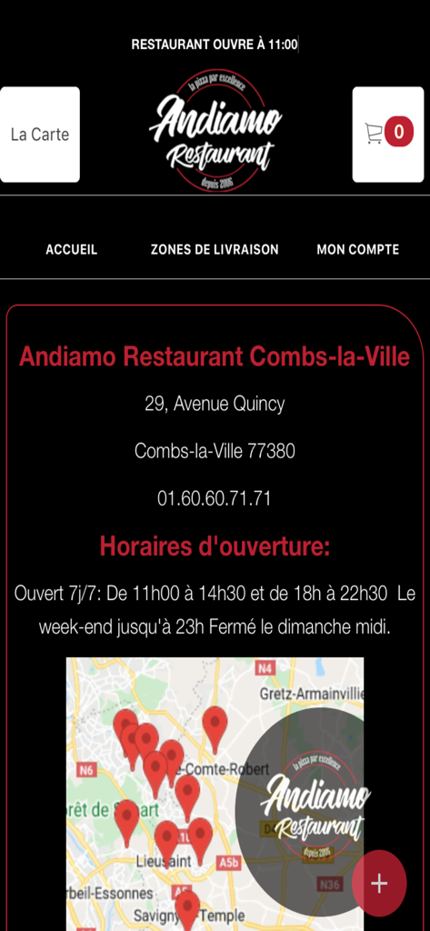 Écran d'accueil de l'application mobile Andiamo Restaurant affichant l'adresse du restaurant, les heures d'ouverture et la carte de la zone de livraison