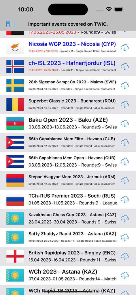 Chess Studio Lite - List of international chess tournament databases available for download from The Week In Chess within the Chess Studio Lite app