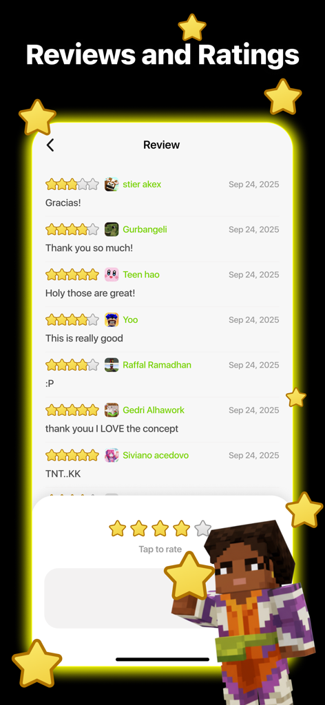 App interface showing user reviews and ratings for Addons for Minecraft with a character holding a gold star