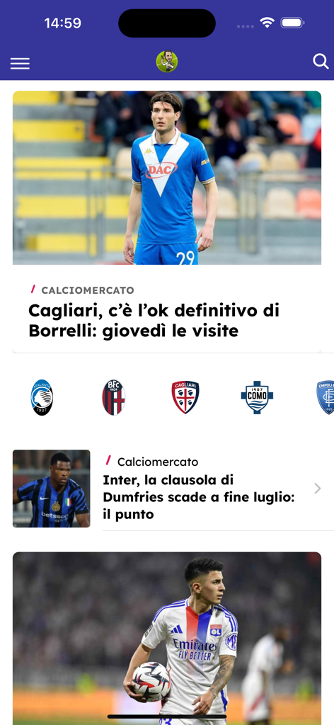 Gianluca Di Marzio - Oberfläche der Gianluca Di Marzio App mit italienischen Fußballtransfer-Nachrichten und Teamlogos