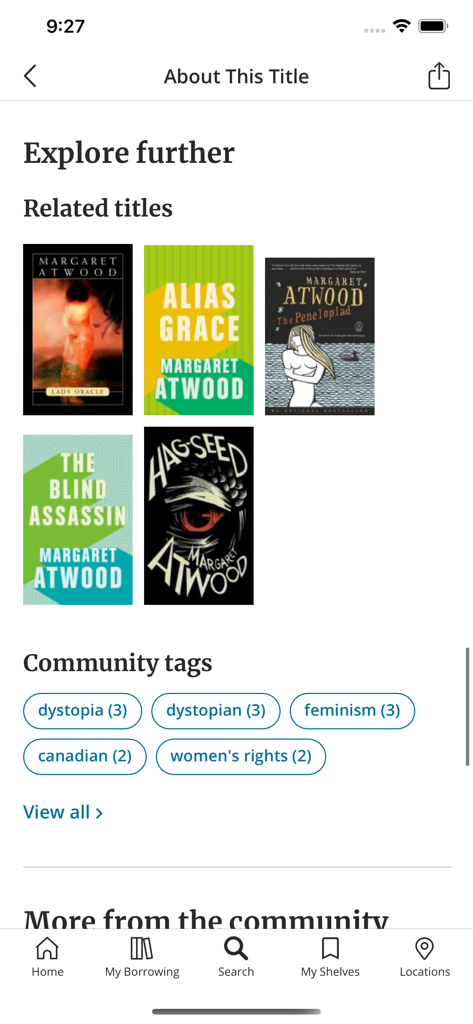 VPL Mobile app interface showing related book titles by Margaret Atwood and community tags like feminism and dystopia