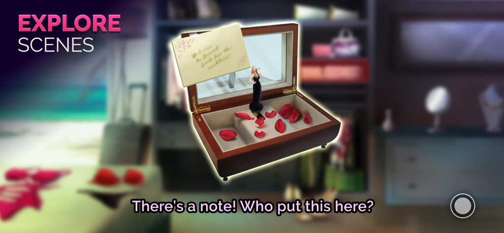 Journeys: Romance Stories - Una caja de música abierta que contiene una misteriosa nota escrita a mano y una figura de cantante en una escena de dormitorio