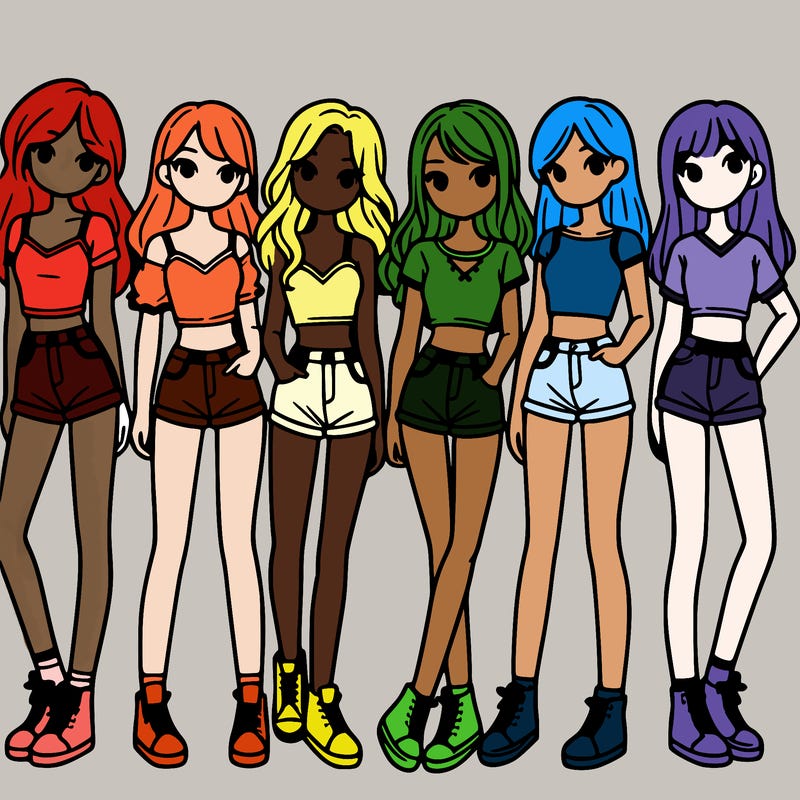 a group of girls wearing crop tops and shorts