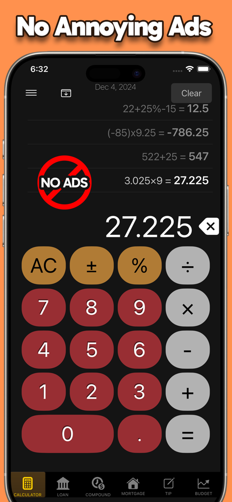 Calculator: No Ads / Ad-Free - Interfaz de una aplicación de calculadora sin anuncios que muestra el historial de cálculos y un teclado numérico limpio.