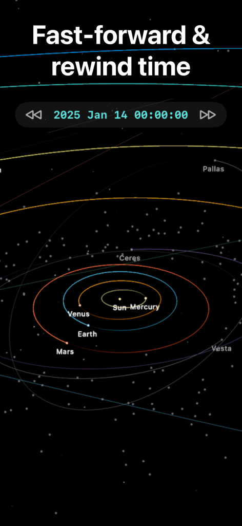 Planetaria: Space Simulator - Mappa interattiva del Sistema Solare in 3D con un controller di data e ora per avanzare o riavvolgere le orbite.