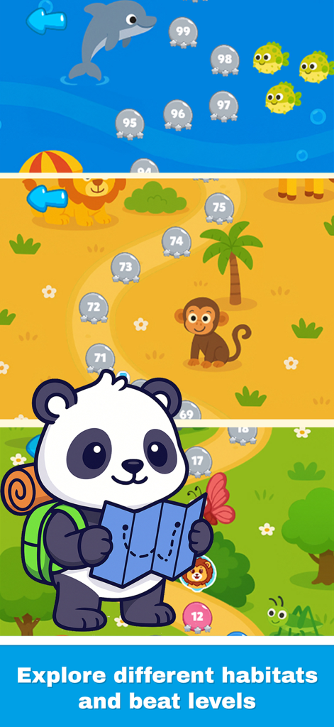 Panda character exploring different animal habitats and game levels