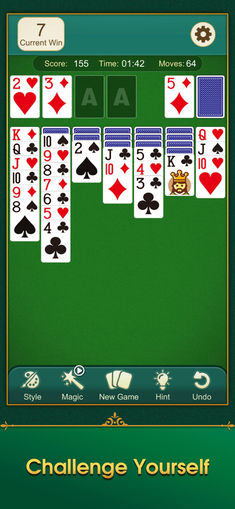 Gameplay screenshot of Solitaire MasterCell showing a FreeCell card game in progress with a winning streak counter
