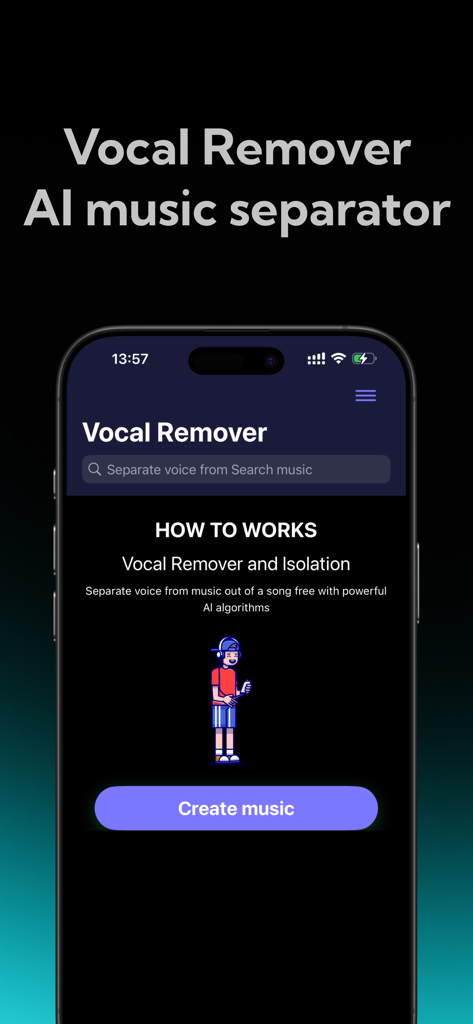 Vocal Remover:AI audio tool - Un teléfono móvil mostrando la pantalla de inicio de la aplicación separadora de música con IA Vocal Remover con un botón Crear música.