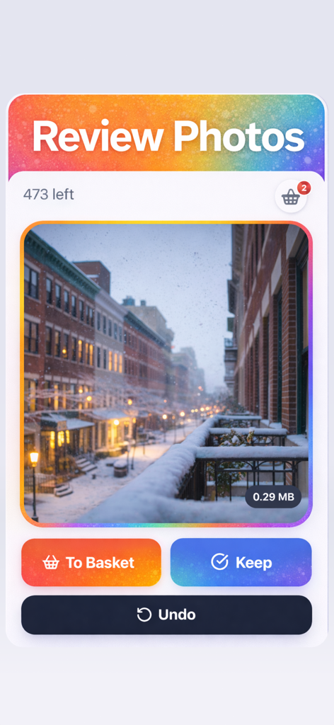 AI 사진 정리 앱 화면으로, 사진 검토 및 정렬 옵션을 보여줍니다.