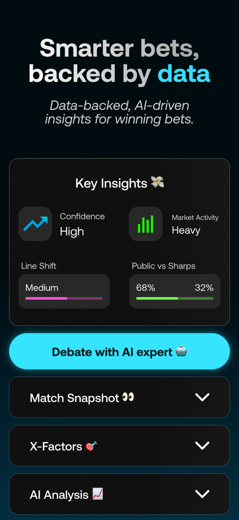 Bet.AI app interface displaying sports betting analytics including confidence scores market activity and AI driven insights