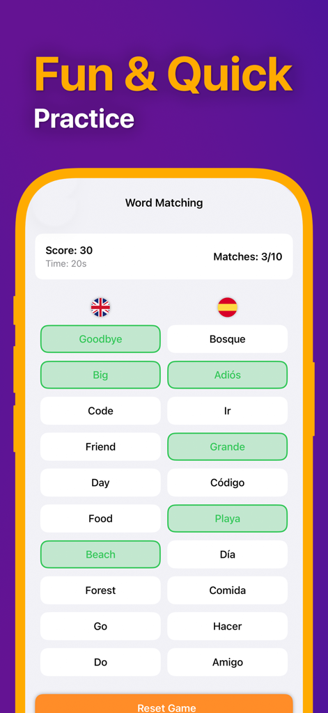 Lingo: Daily Language Learning - Interface do aplicativo Lingo mostrando um jogo de prática de correspondência de palavras para espanhol e inglês.