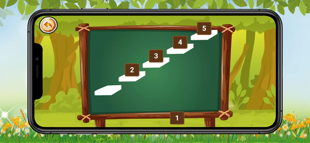 Basic maths learn - A children's educational game screen showing numbers one to five in an ascending stair sequence on a green chalkboard.