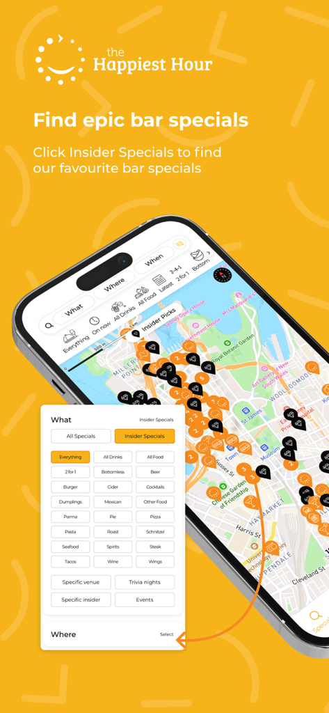 Interface do aplicativo A Hora Mais Feliz mostrando um mapa de promoções de bares locais e um menu de filtros para encontrar ofertas.