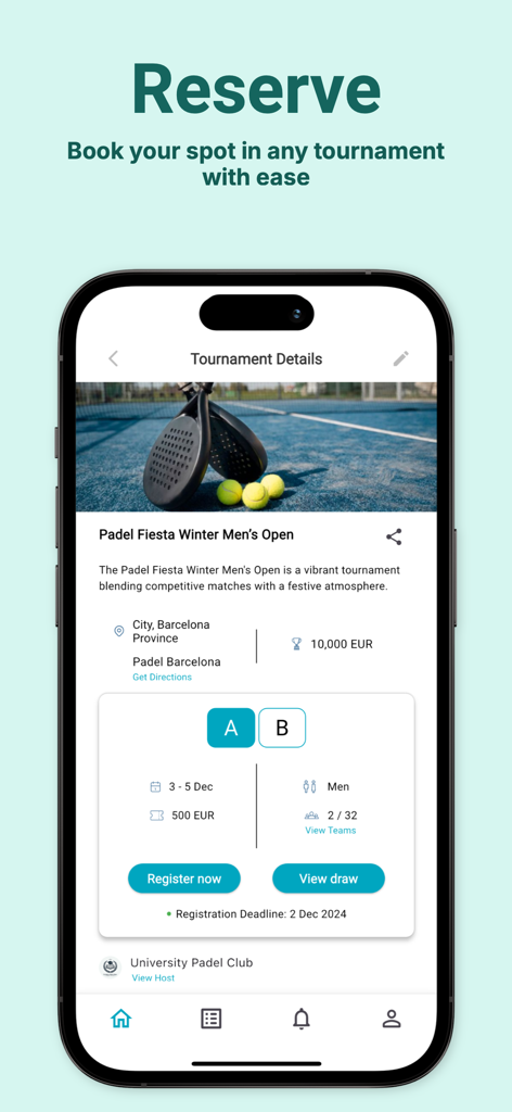 Padel Playground - Tela de smartphone exibindo detalhes de um torneio de padel com um botão de registrar agora