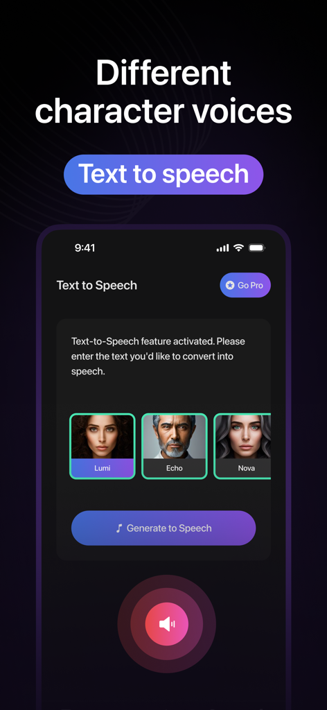 ChatAI: Ask AI Chat Assistant - ChatAIアプリのインターフェース。Lumi、Echo、NovaなどのさまざまなAIキャラクターボイスを備えたテキストから音声への機能が表示されています。