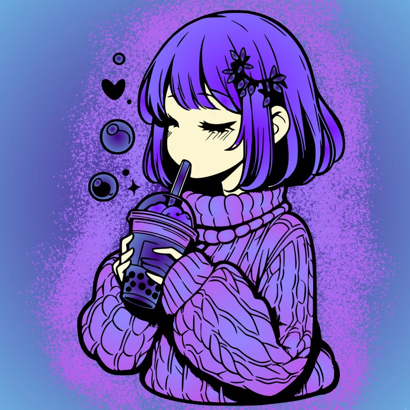 manga girl drinking boba in cozy sweater