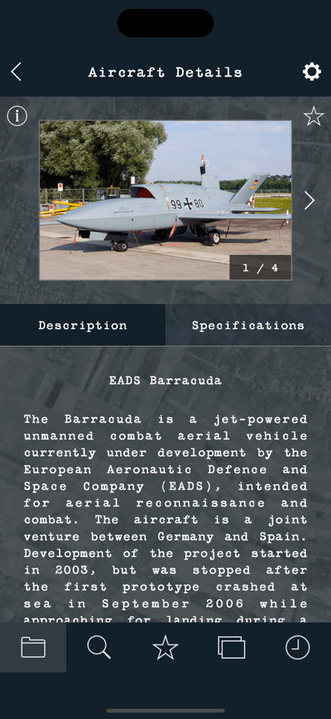 Technical details and description of the EADS Barracuda drone in the app