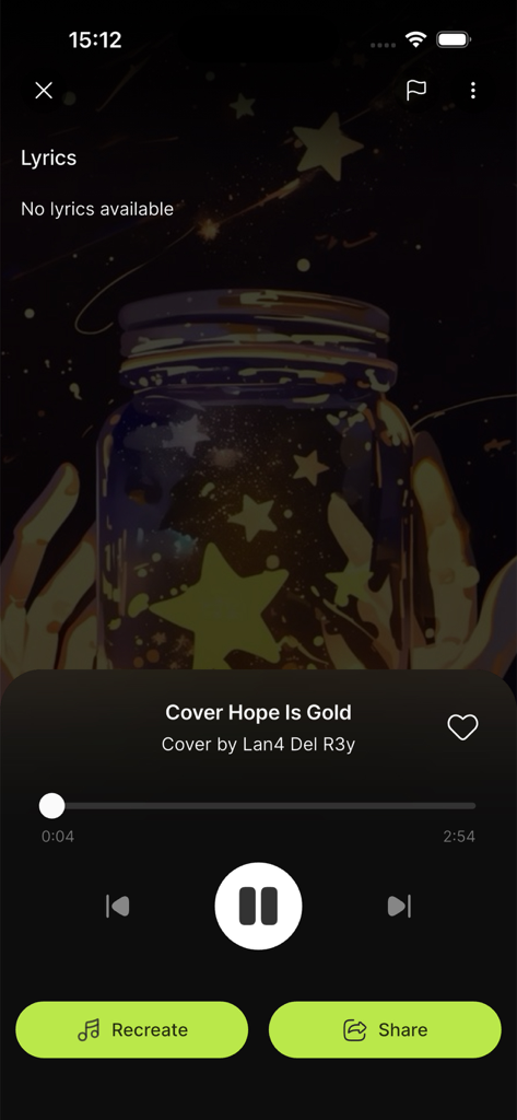 Danno AI Cover & Music Maker - Musik-Player-Oberfläche in Danno AI zeigt ein Song-Cover mit dem Titel Hope Is Gold mit Wiedergabe- und Freigabe-Schaltflächen.