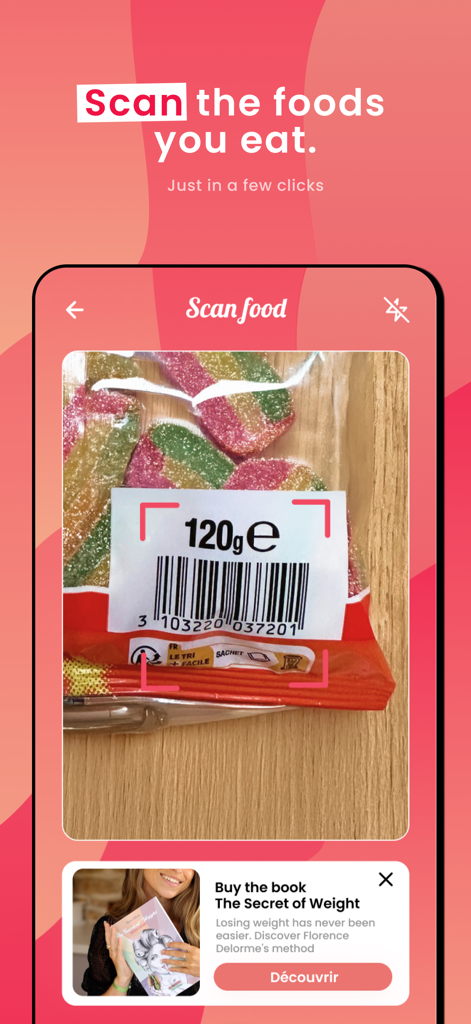 Le Secret Du Poids - 食品のバーコードスキャン機能を表示するスマートフォン画面で、カロリー追跡を容易にします。