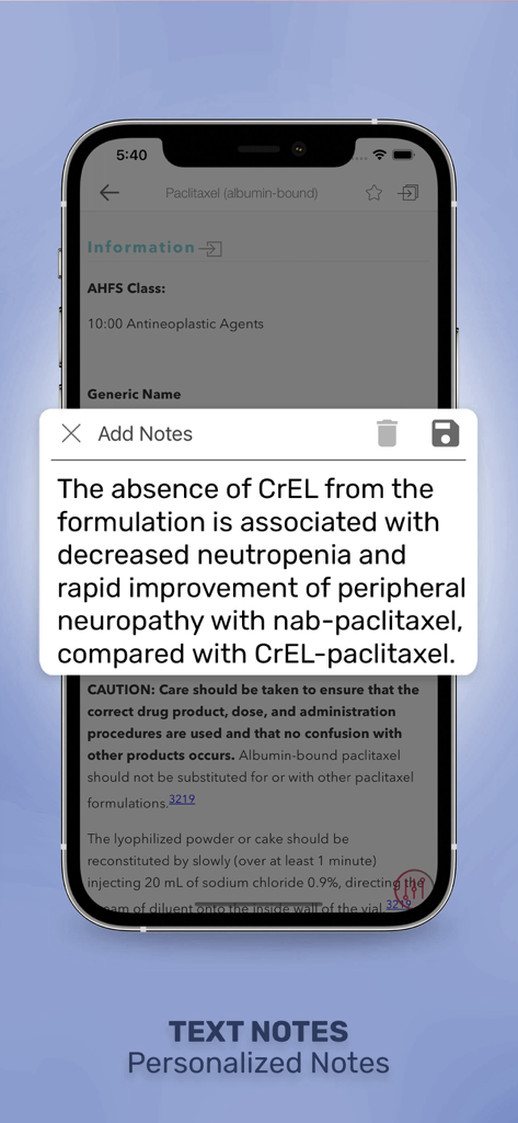 Handbook on Injectable Drugs - Handbook on Injectable Drugs app interface showing a personalized note about Paclitaxel formulation.
