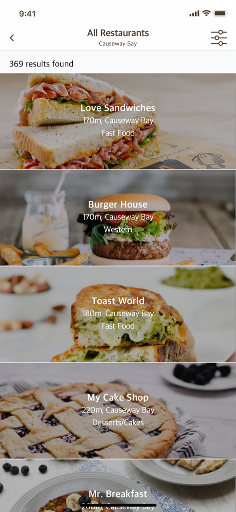 Eats365 - Eats365 app interface displaying a list of nearby restaurants with food photos and distances in Causeway Bay