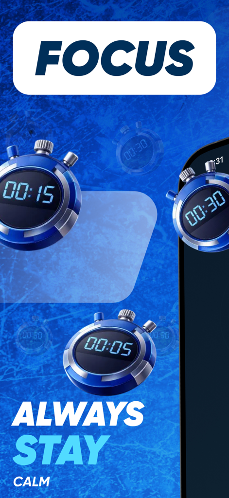 IceTimer: Cold Bath - Digital stopwatches on an icy blue background with text Focus Always Stay Calm