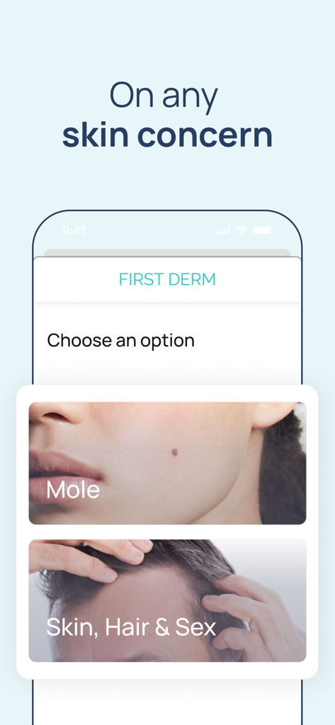 Dermatology First Derm - First Derm app screen showing menu options for mole and skin health consultations