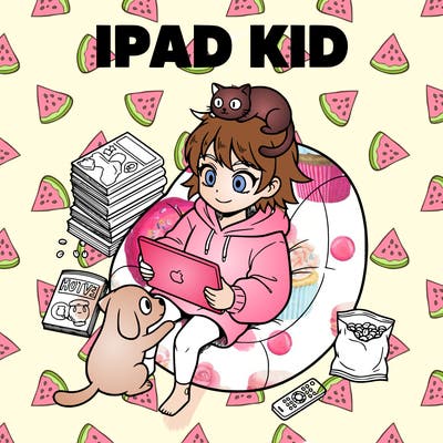 create a girl who is on the ipad nonstop no matter what and write ipad kid on the picture on the top