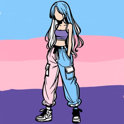 girl in baggy pants crop top and long hair