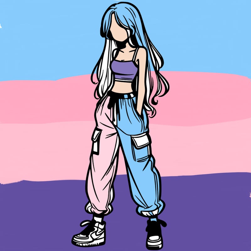 girl in baggy pants crop top and long hair