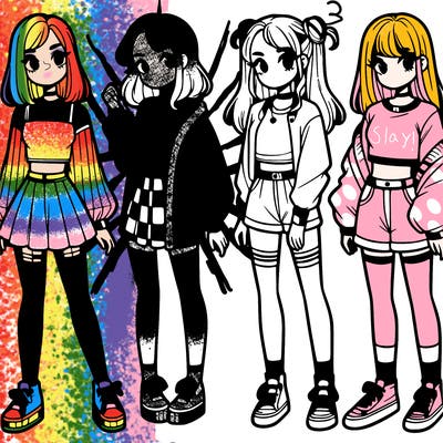 one girl with crop-top shirt and a jacket with a skirt, long socks and another girl with a shirt and pants with a jacket