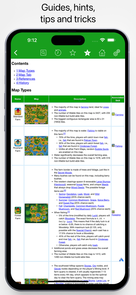 Database for Stardew Valley - A mobile app screenshot showing a detailed guide and comparison table for different Stardew Valley farm map types