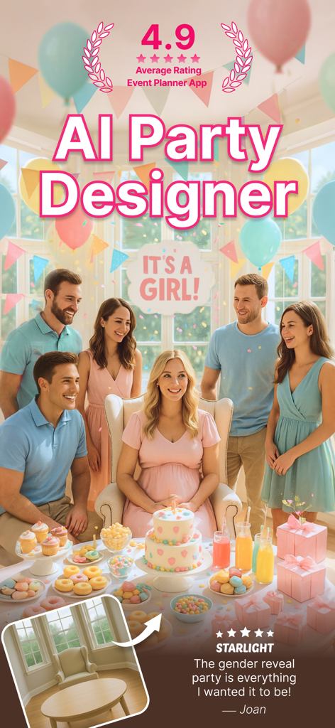 AI Event Planner~Party Design - AI Party Designer app showing a gender reveal transformation from an empty room to a fully decorated event with balloons and cake
