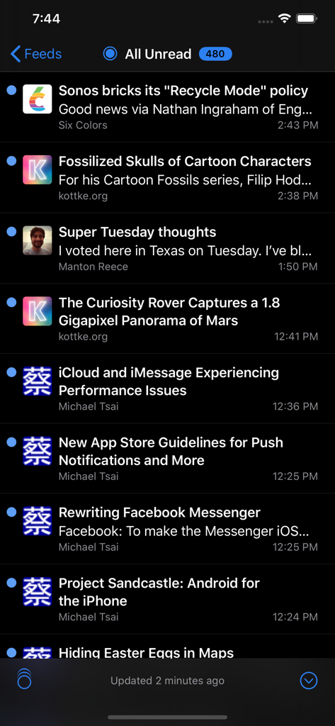 NetNewsWire app interface showing a list of unread news articles in dark mode