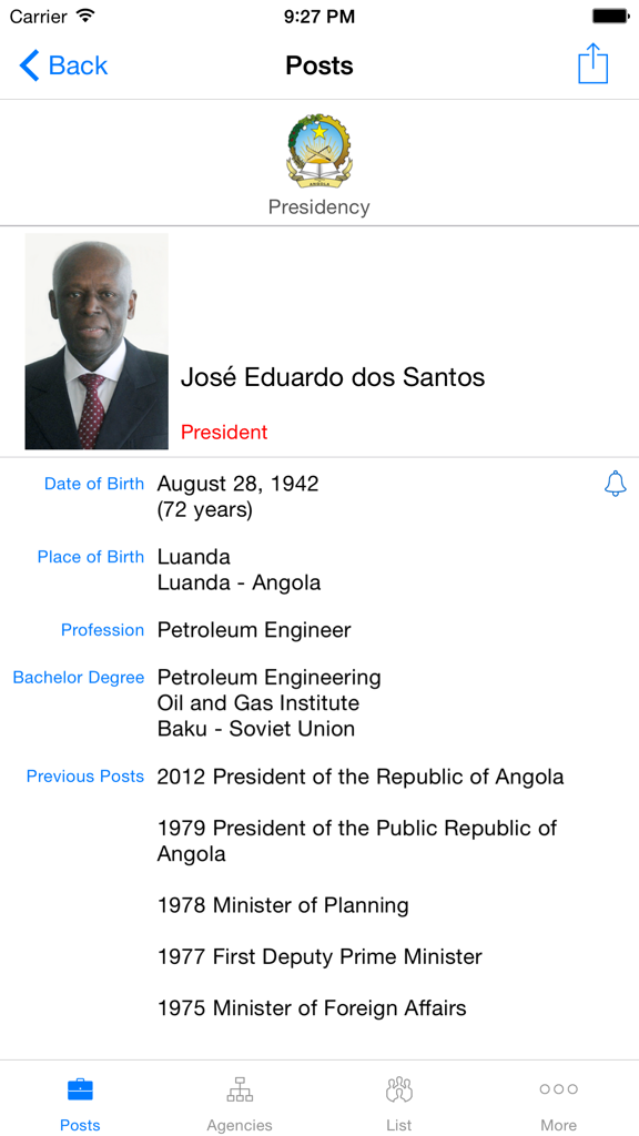 O Executivo - Screenshot of the O Executivo app showing the biography and profile of Jose Eduardo dos Santos, President of Angola