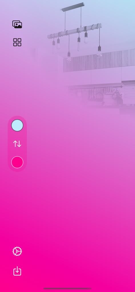 HomePaper for HomeKit - Interface do aplicativo HomePaper mostrando um papel de parede com gradiente rosa e uma imagem desfocada de cozinha