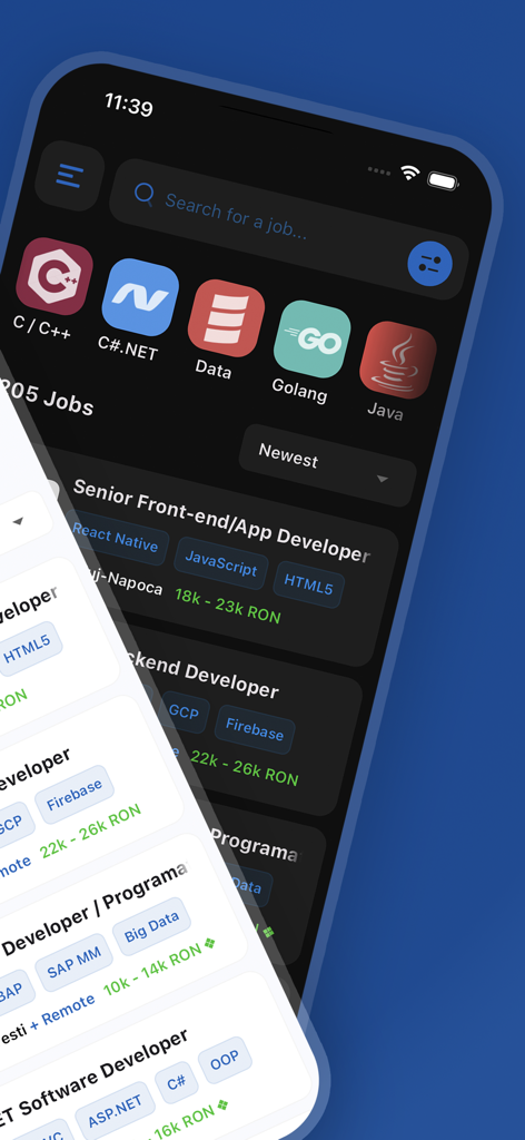 DevJob.ro - DevJob.ro mobile app interface displaying IT job listings with transparent salary information
