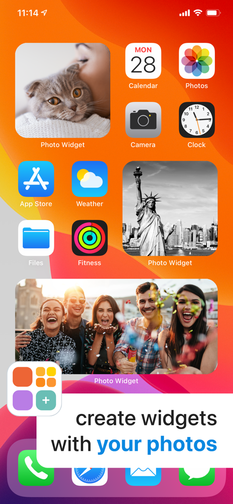 Photo Widget. - iPhone home screen featuring multiple custom photo widgets with personal memories