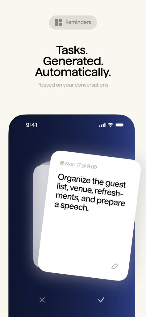 Fieldy - AI note taker - A smartphone displaying the Fieldy app interface where AI automatically generates tasks and reminders from conversations