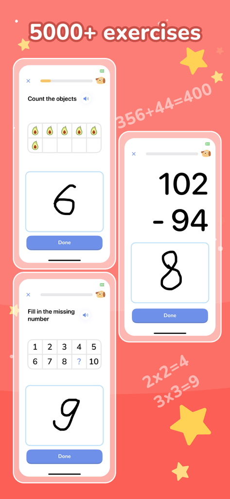 Math Games Rocket Learning - Math learning app interface showing counting and subtraction exercises with hand drawn numbers