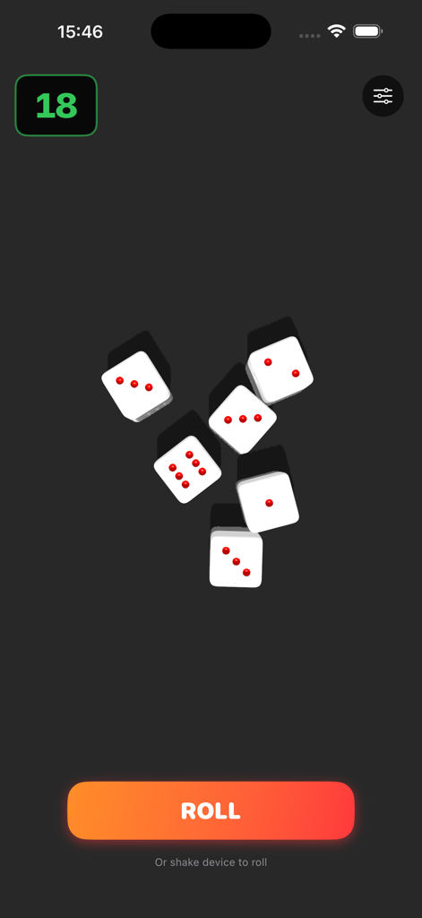 Pocket Dice - 3D Roll - Interfaz de la aplicación móvil que muestra seis dados blancos 3D con puntos rojos sobre un fondo oscuro y una puntuación total de 18.