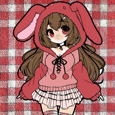 pretty anime girl wearing a fluffy hoodie with bunny ears on the hood and a skirt
