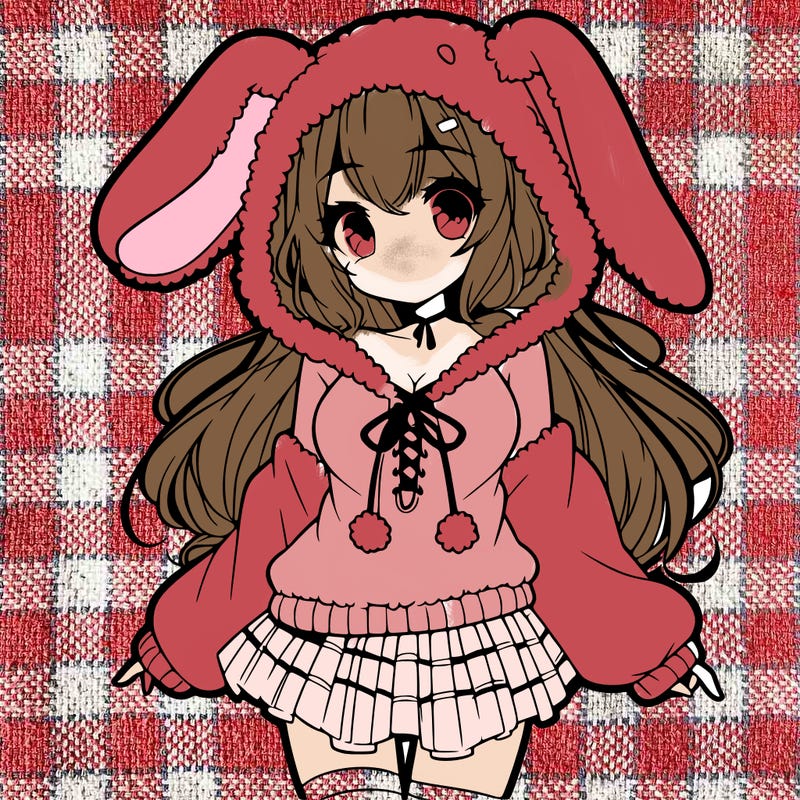pretty anime girl wearing a fluffy hoodie with bunny ears on the hood and a skirt