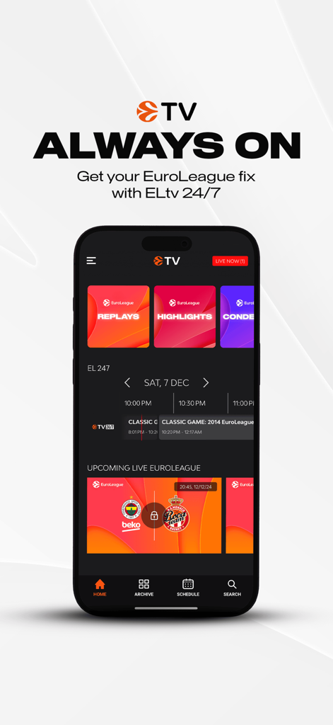 EuroLeague TV - EuroLeague TV app home screen showing basketball replays highlights and a game schedule