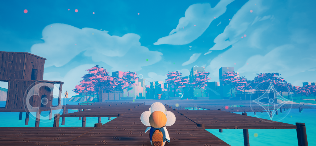 LOUIS THE GAME - Vivienne-Charakter geht auf einem Holzsteg in Richtung rosa Kirschblütenbäume in LOUIS THE GAME