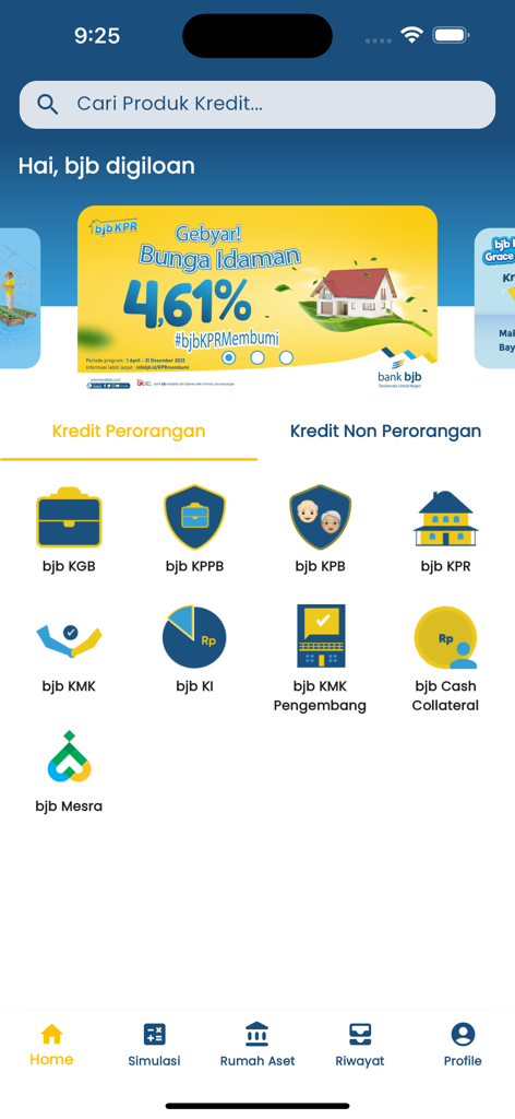 Dashboard of bjb DigiLoan app showing personal loan categories like bjb KPR and bjb KGB with a promotional interest rate banner